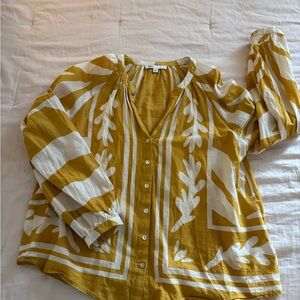 DR2 Mustard Yellow & White Botanical Print Button-Front Blouse